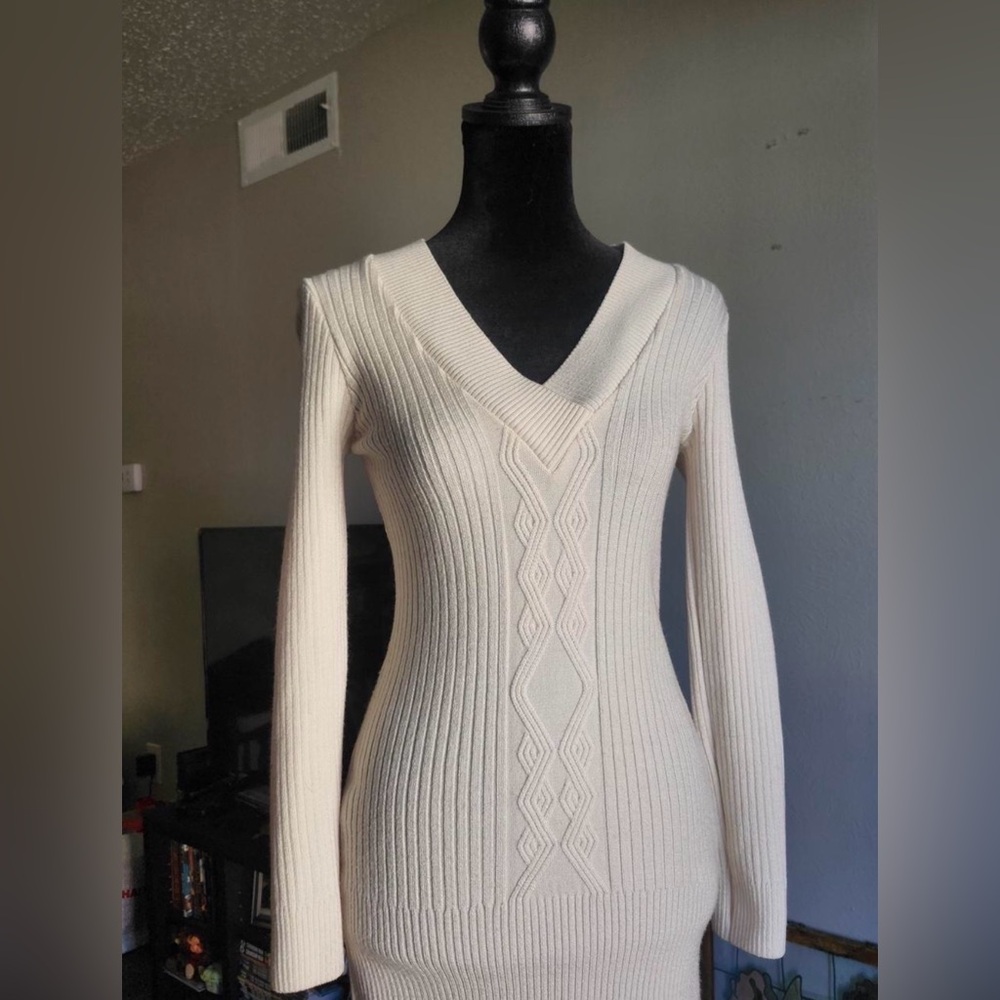 Elegant Cream V-Neck Sweater Dress